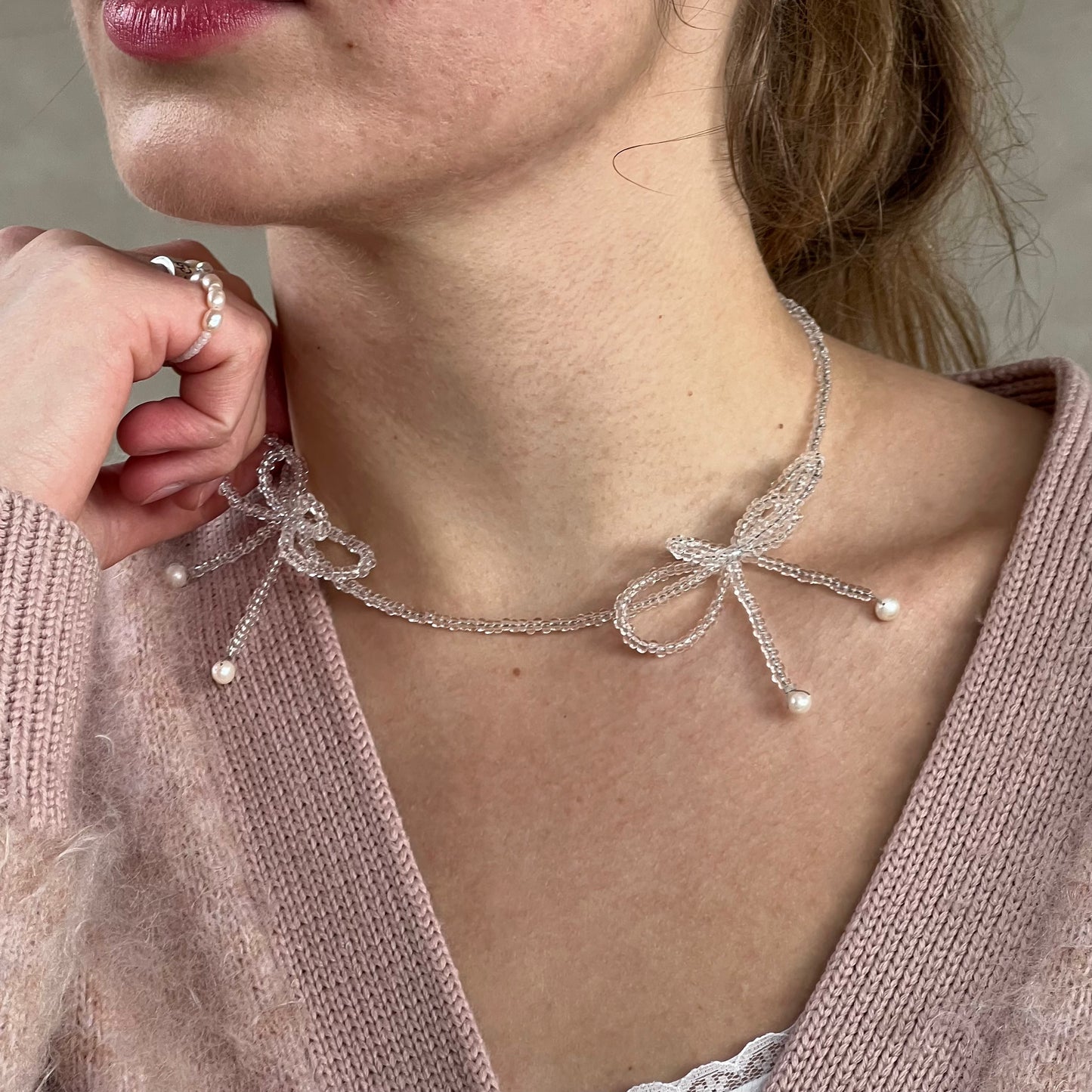 Crystal Two Bows Necklace with Pearls