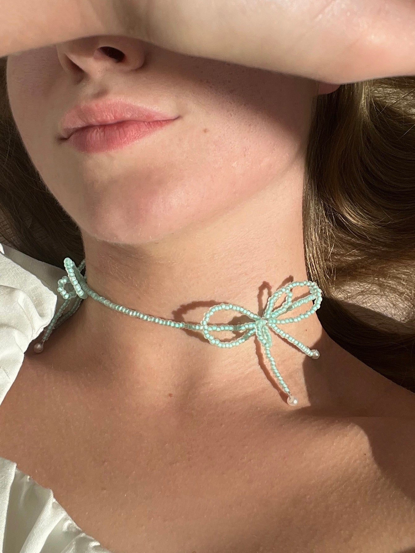 Glass Blue Two Bows Necklace with Pearls
