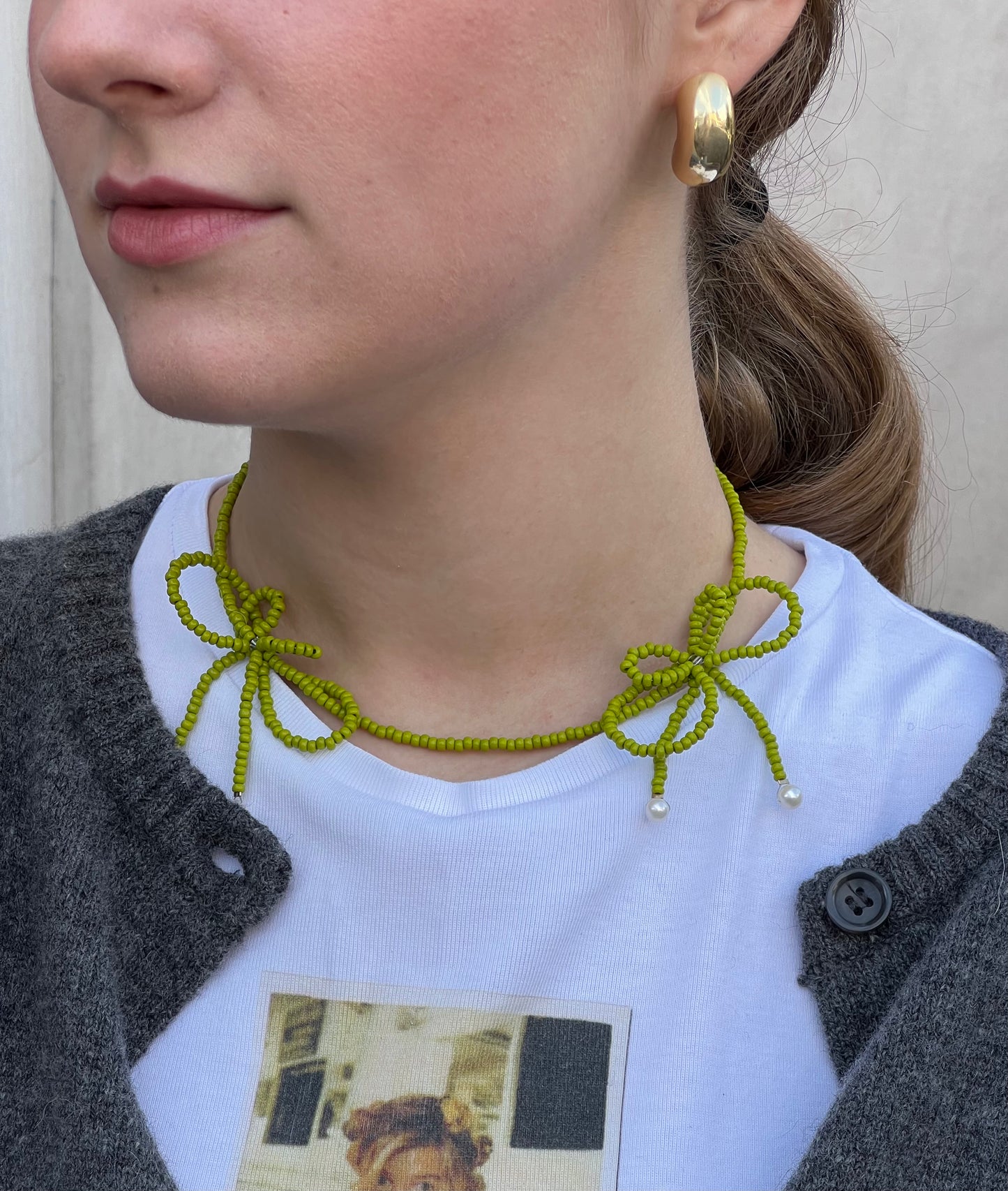 Matcha Bows Necklace with Pearls