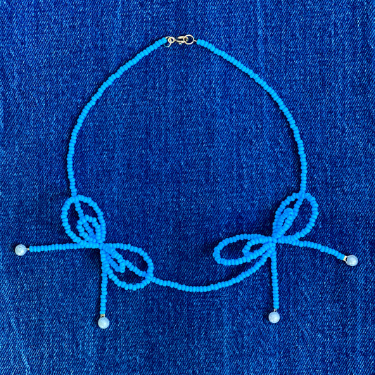 Blue Two Bows Necklace with Pearls